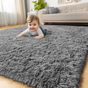 Gray Runner Rugs for Bedroom, 3x5, Fluffy Shag Rugs for Living Room, Furry Bedside Rug for Kids, Teen Boys, Shaggy Throw Rug for Nursery, Fuzzy Plush Grey Carpet, Rectangle, Cute Room Decor for Baby