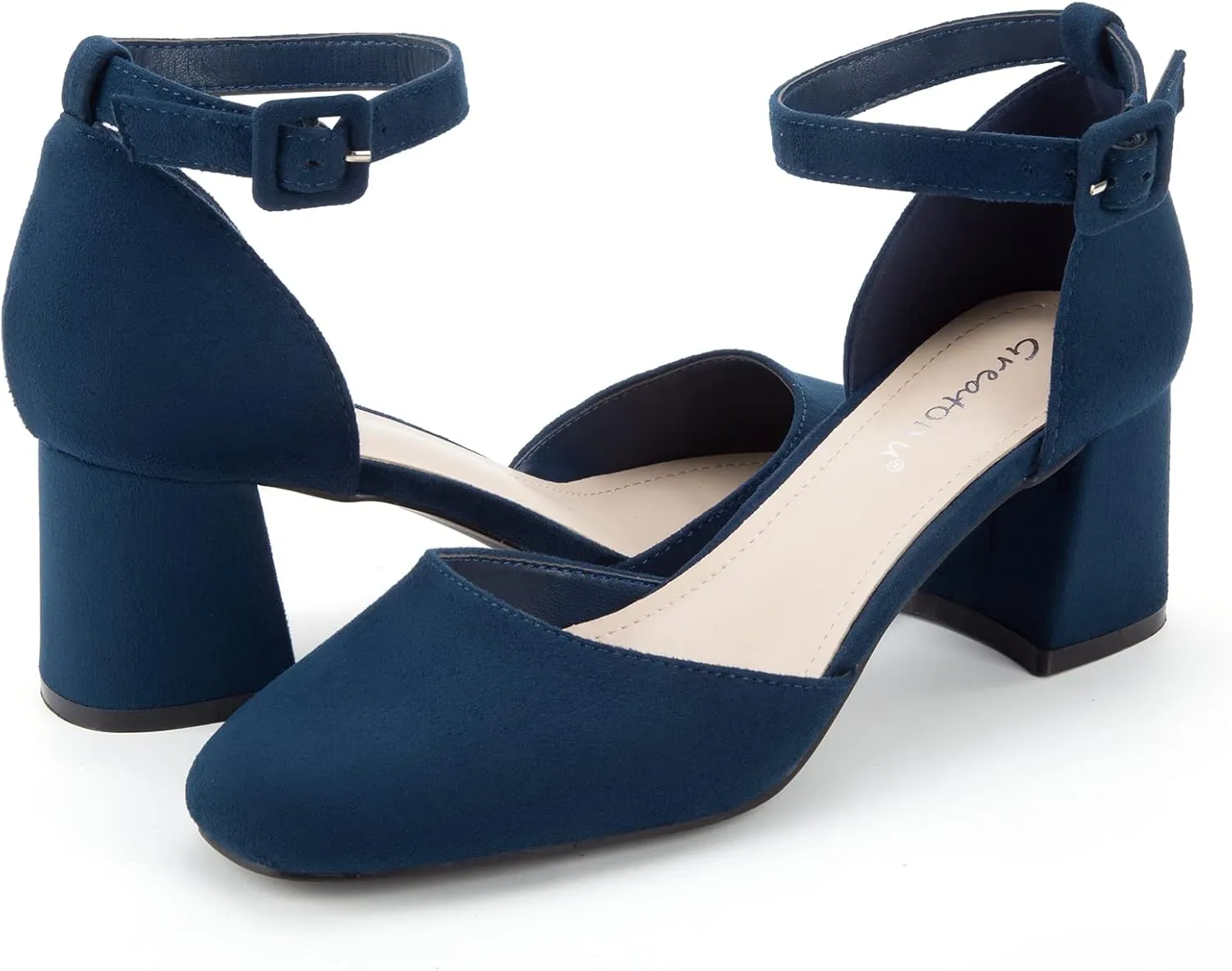 Greatonu Women's Closed Toe Ankle Strap 2.5 inch Low Block Heels Dress Wedding Party Pumps Shoes