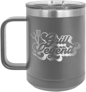 Grill Legend B GRAY 15 oz Coffee Cup w/Slide Top Lid | Insulated Travel Coffee Mug | BBQ & Grilling Gift Idea For Men Who Have Everything, Dad & Grandpa | Compare To Yeti Rambler | ONLYGIFTS.COM