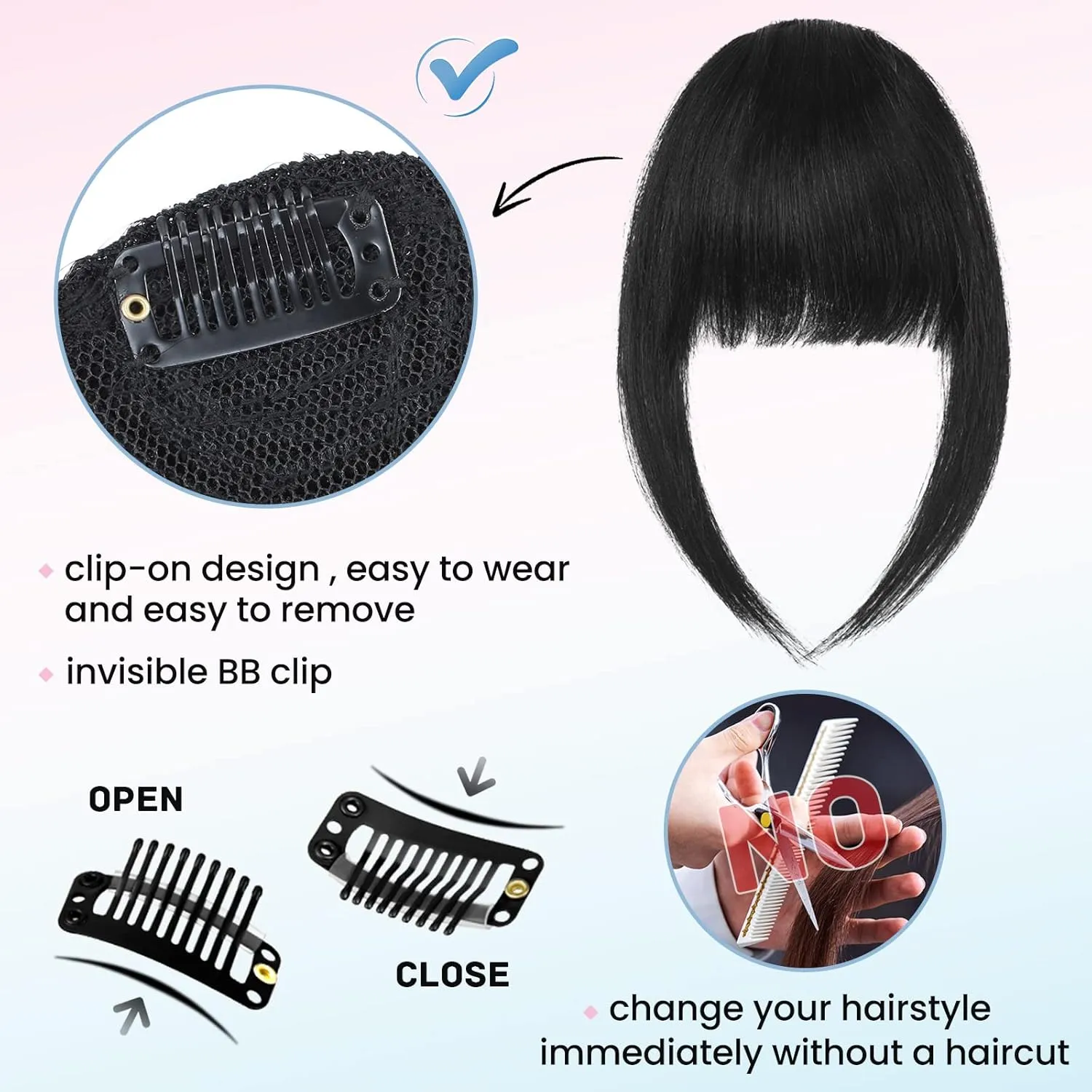 Hairro French Bangs Clip In Hairpiece With Temple Curtain Bangs - Human Hair, Flat Front Fringe, Dark Black - 14g