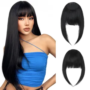 Hairro French Bangs Clip In Hairpiece With Temple Curtain Bangs - Human Hair, Flat Front Fringe, Dark Black - 14g