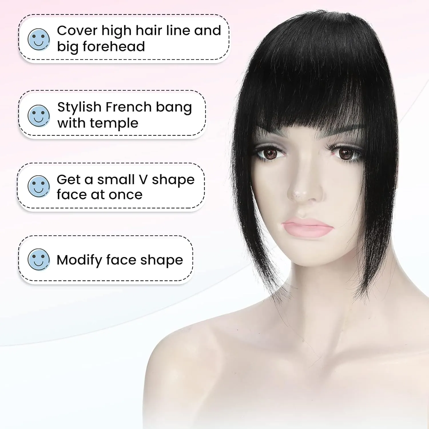 Hairro French Bangs Clip In Hairpiece With Temple Curtain Bangs - Human Hair, Flat Front Fringe, Dark Black - 14g