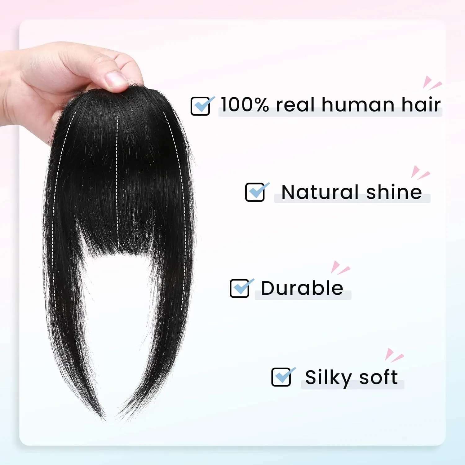 Hairro French Bangs Clip In Hairpiece With Temple Curtain Bangs - Human Hair, Flat Front Fringe, Dark Black - 14g