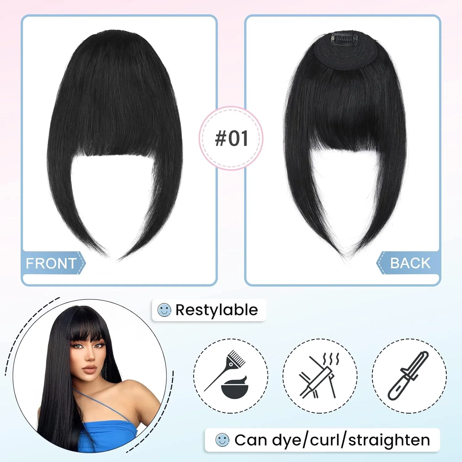 Hairro French Bangs Clip In Hairpiece With Temple Curtain Bangs - Human Hair, Flat Front Fringe, Dark Black - 14g