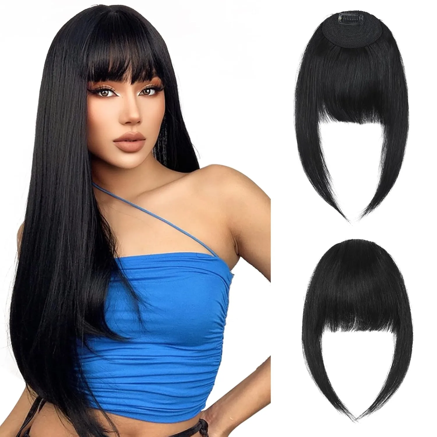 Hairro French Bangs Clip In Hairpiece With Temple Curtain Bangs - Human Hair, Flat Front Fringe, Dark Black - 14g