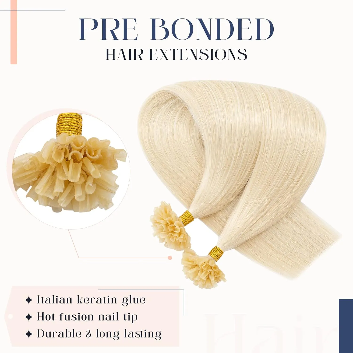 Hairro Pre Bonded Fushion Hair Extensions Nail Tip Human Hair Keratin U Tip Hairpieces Utip Remy Glue Stick Flat Tipped Hairpiece For Women 100 Strands 14" 50g #60 Platinum Blonde