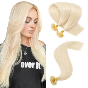 Hairro Pre Bonded Fushion Hair Extensions Nail Tip Human Hair Keratin U Tip Hairpieces Utip Remy Glue Stick Flat Tipped Hairpiece For Women 100 Strands 14" 50g #60 Platinum Blonde