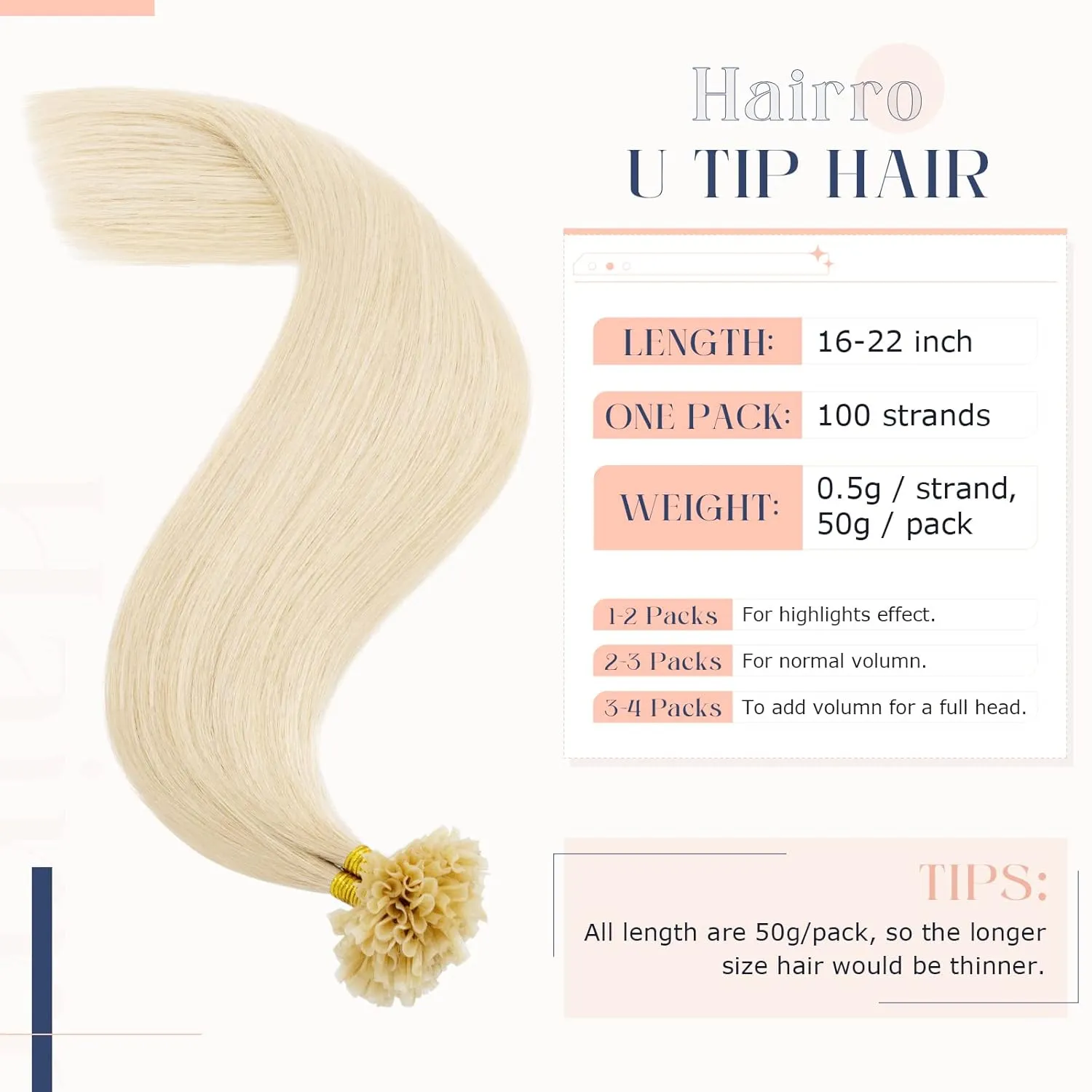 Hairro Pre Bonded Fushion Hair Extensions Nail Tip Human Hair Keratin U Tip Hairpieces Utip Remy Glue Stick Flat Tipped Hairpiece For Women 100 Strands 14" 50g #60 Platinum Blonde