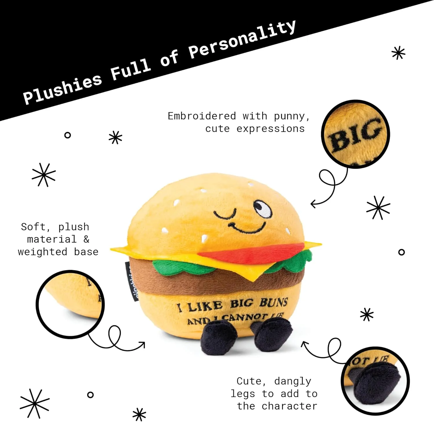 Hamburger Plushie - I Like Big Buns and I Cannot Lie Funny Hamburger Plush, Gift for Grillers, Food Plush Toy for Gifting