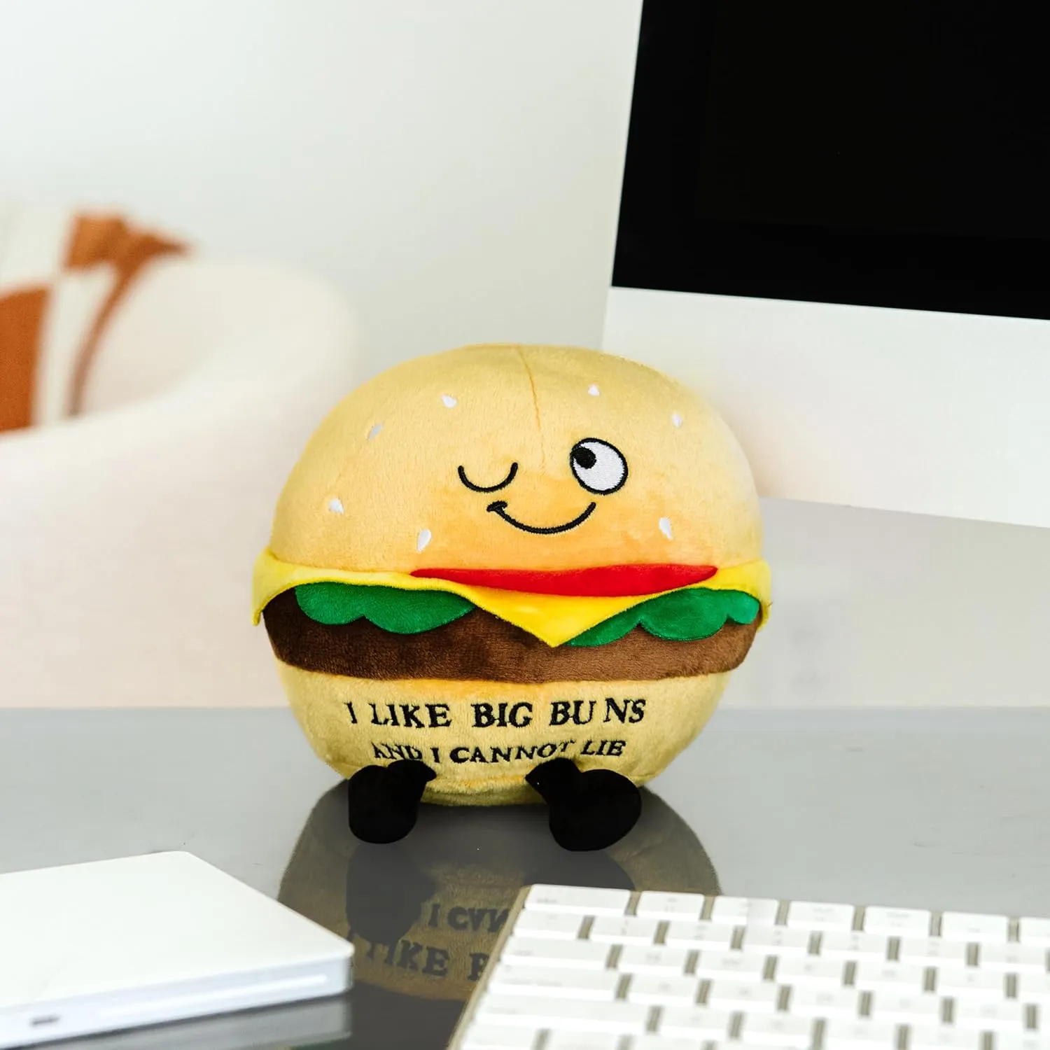 Hamburger Plushie - I Like Big Buns and I Cannot Lie Funny Hamburger Plush, Gift for Grillers, Food Plush Toy for Gifting
