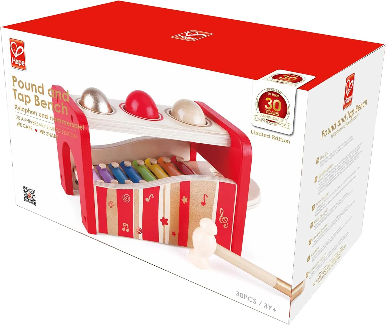 Hape Wooden Pound and Tap Bench with Slide Out Xylophone| Music Hammering Pounding Toys for Toddlers Age 1 Year Old and up, t 30th Anniversary - 2016 Limited Edition
