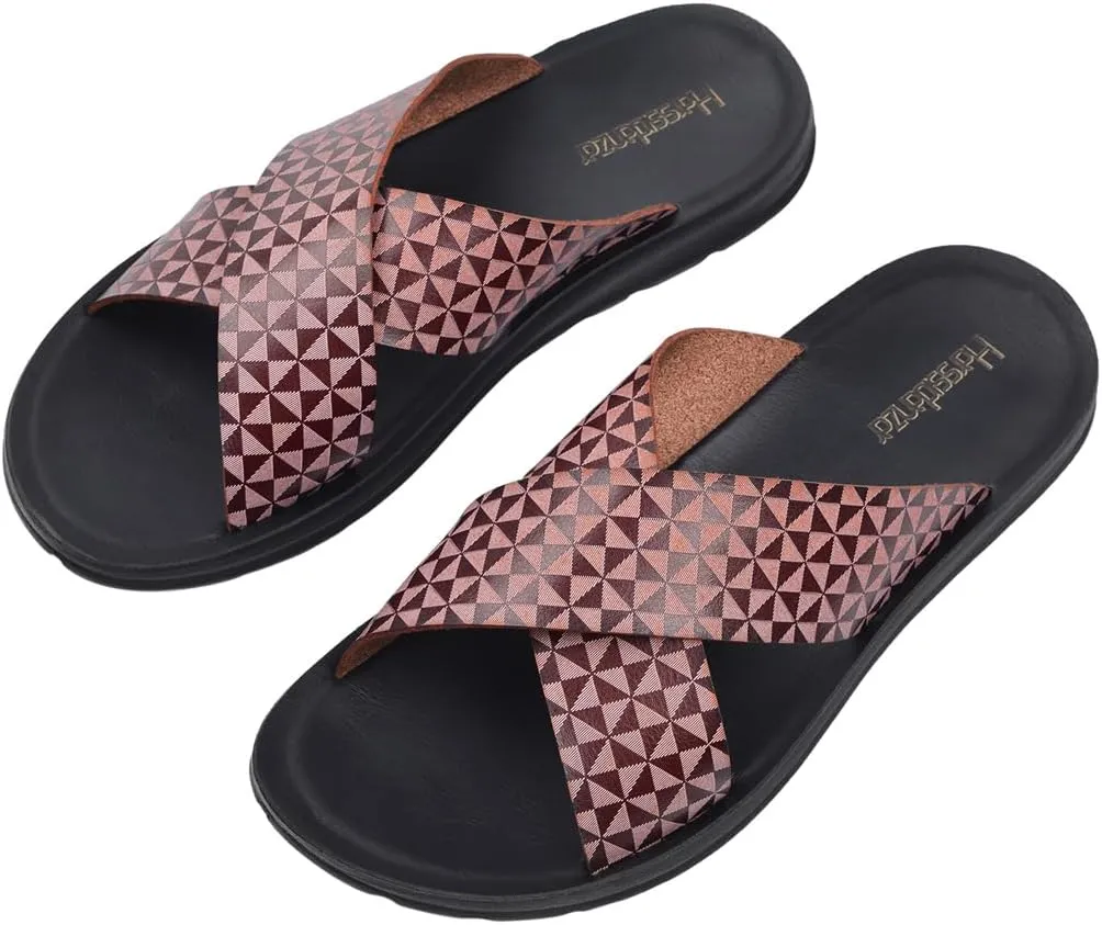 Harssidanzar Slide Sandals For Men,Summer Vintage Printing Sandals Slip on Quick-Dry Cross Slide Sandals KM238US