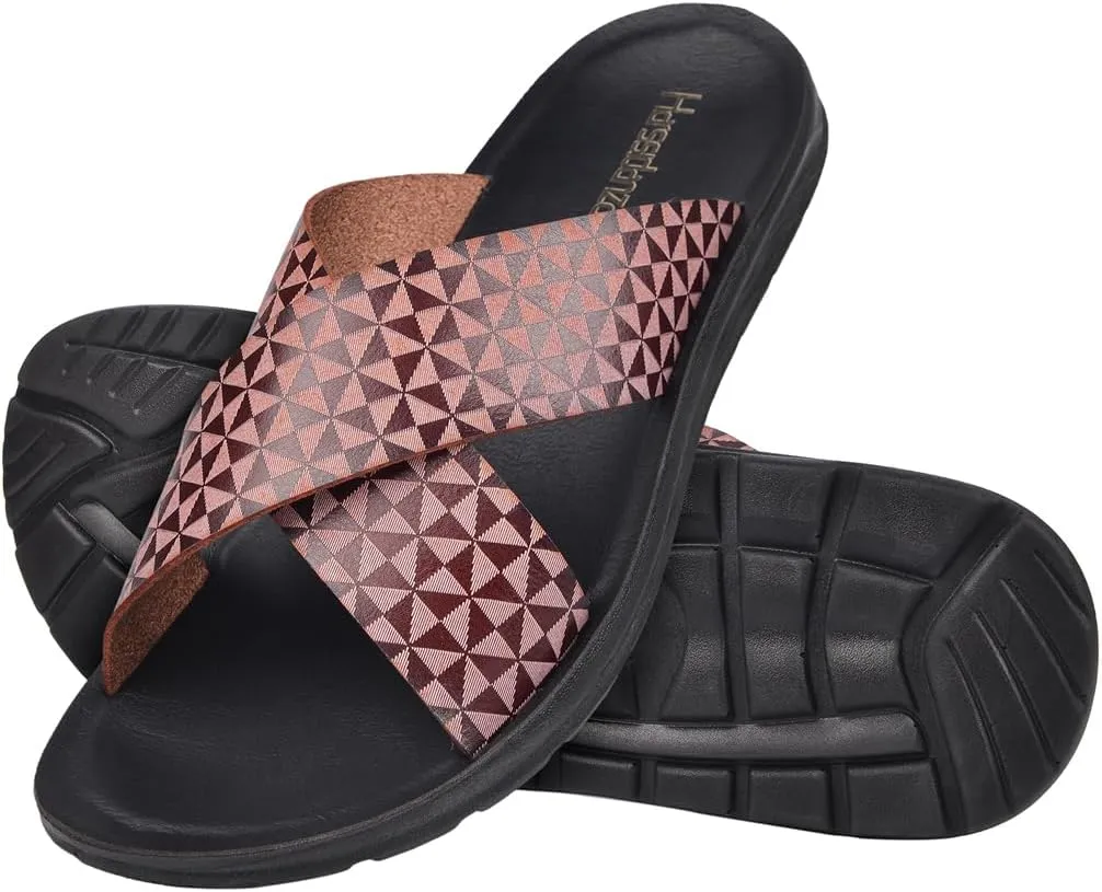 Harssidanzar Slide Sandals For Men,Summer Vintage Printing Sandals Slip on Quick-Dry Cross Slide Sandals KM238US