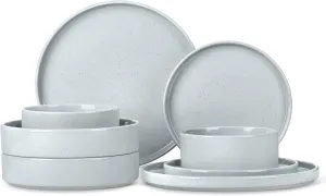 Herogo Stoneware Dinnerware Set with Salad Bowls, 8 Piece Plates and Pasta Cereal Bowls for 2, Kitchen Dinner Dish Set, Dishwasher & Microwave Safe, Speckled Light Gray
