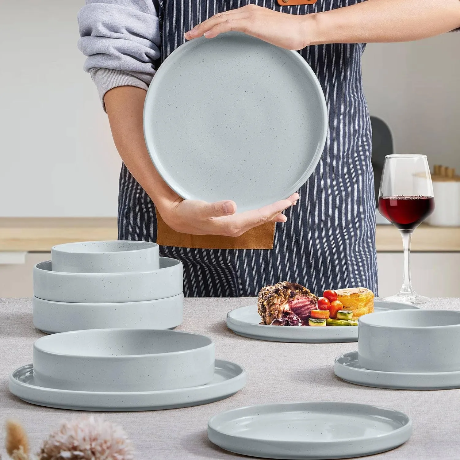 Herogo Stoneware Dinnerware Set with Salad Bowls, 8 Piece Plates and Pasta Cereal Bowls for 2, Kitchen Dinner Dish Set, Dishwasher & Microwave Safe, Speckled Light Gray