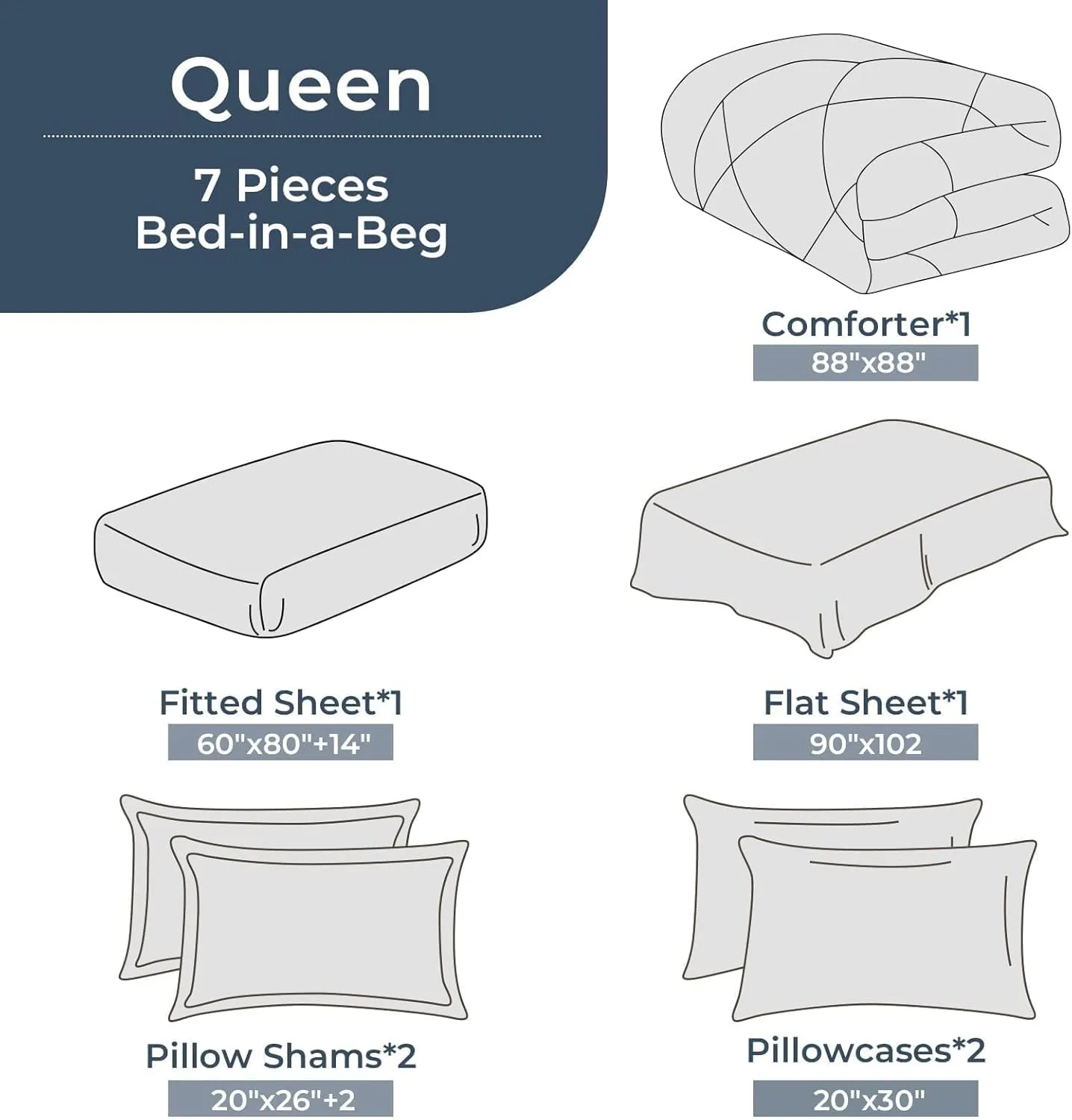 HEVUMYI Queen Comforter Set - 7-Piece All Season Bed in a Bag Queen, Ultra Soft Bedding Set with Comforter, Flat Sheet, Fitted Sheet, Pillowcases, Pillow Shams, Black & Light Grey