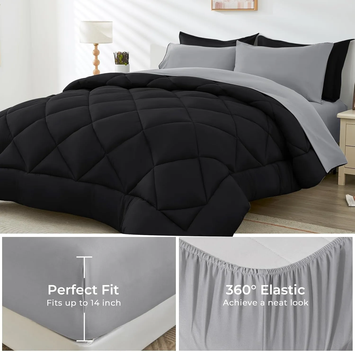 HEVUMYI Queen Comforter Set - 7-Piece All Season Bed in a Bag Queen, Ultra Soft Bedding Set with Comforter, Flat Sheet, Fitted Sheet, Pillowcases, Pillow Shams, Black & Light Grey