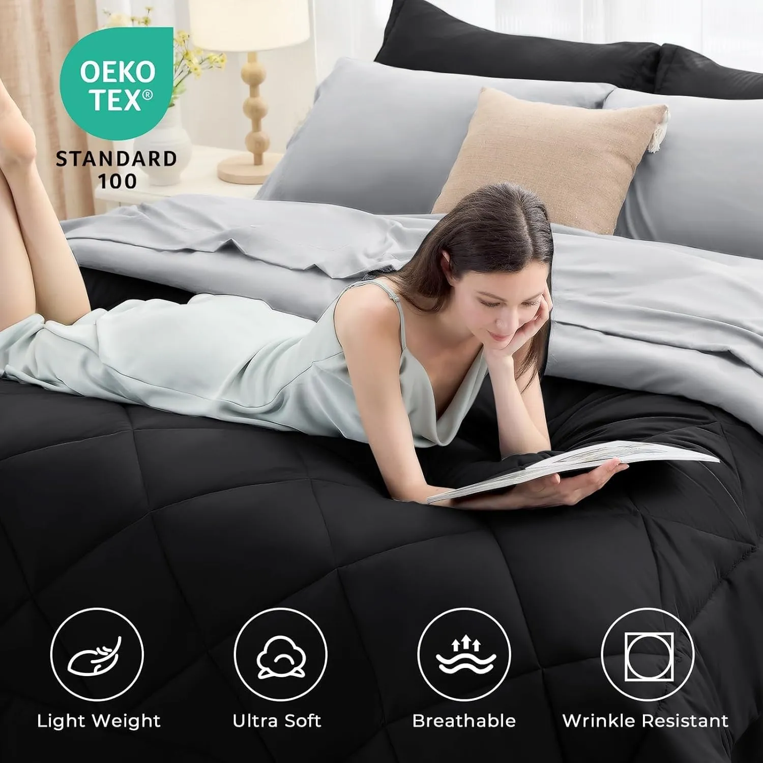 HEVUMYI Queen Comforter Set - 7-Piece All Season Bed in a Bag Queen, Ultra Soft Bedding Set with Comforter, Flat Sheet, Fitted Sheet, Pillowcases, Pillow Shams, Black & Light Grey