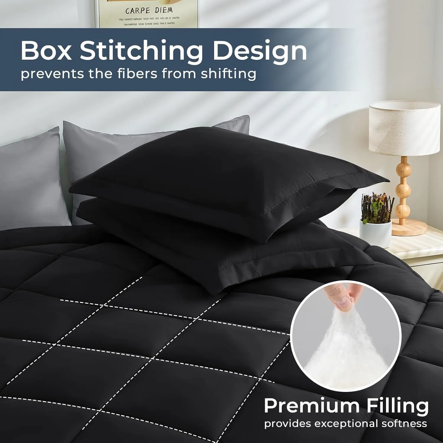 HEVUMYI Queen Comforter Set - 7-Piece All Season Bed in a Bag Queen, Ultra Soft Bedding Set with Comforter, Flat Sheet, Fitted Sheet, Pillowcases, Pillow Shams, Black & Light Grey