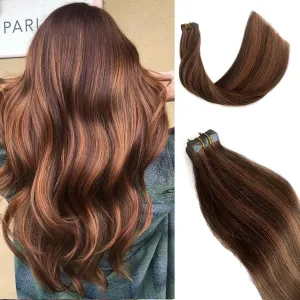 Highlighted Tape in Hair Extensions 22Inch Ombre Medium Brown with Medium Auburn Seamless Silky Straight Brown Highlights 100% Real Human Hair Tape ins Extensions 70Grams/20Pcs