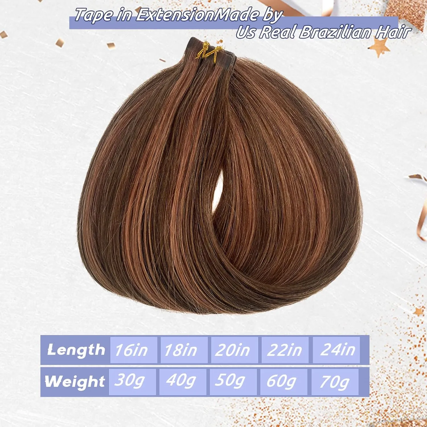 Highlighted Tape in Hair Extensions 22Inch Ombre Medium Brown with Medium Auburn Seamless Silky Straight Brown Highlights 100% Real Human Hair Tape ins Extensions 70Grams/20Pcs
