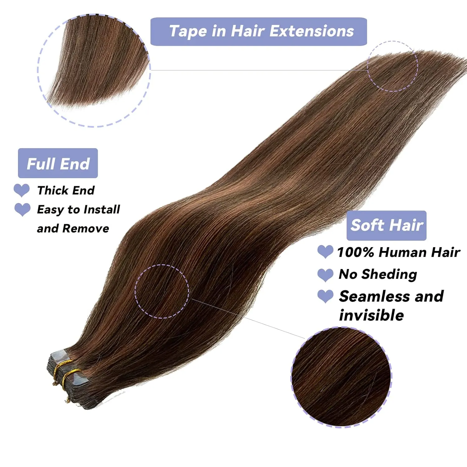 Highlighted Tape in Hair Extensions 22Inch Ombre Medium Brown with Medium Auburn Seamless Silky Straight Brown Highlights 100% Real Human Hair Tape ins Extensions 70Grams/20Pcs