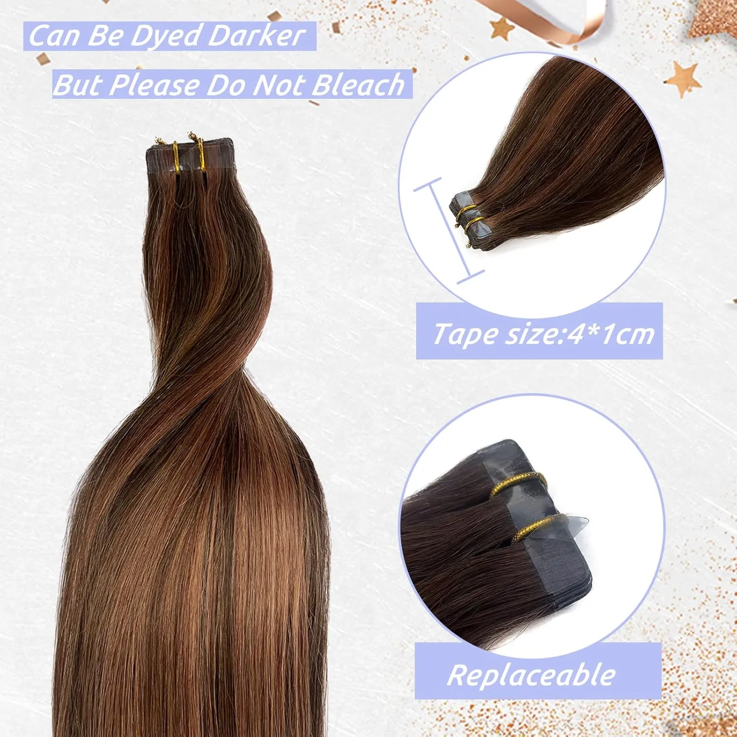Highlighted Tape in Hair Extensions 22Inch Ombre Medium Brown with Medium Auburn Seamless Silky Straight Brown Highlights 100% Real Human Hair Tape ins Extensions 70Grams/20Pcs