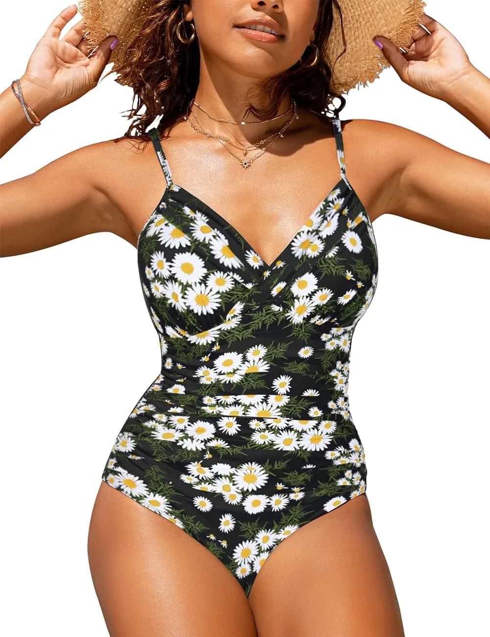Hilor Women's One Piece Swimsuits Front Twist Swimwear V Neck Shirred Bathing Suit Monokini Tummy Control