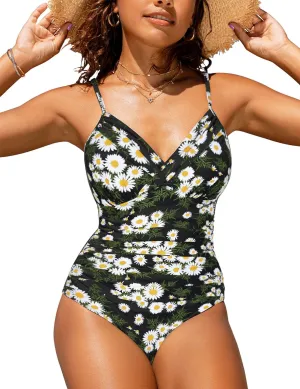 Hilor Women's One Piece Swimsuits Front Twist Swimwear V Neck Shirred Bathing Suit Monokini Tummy Control