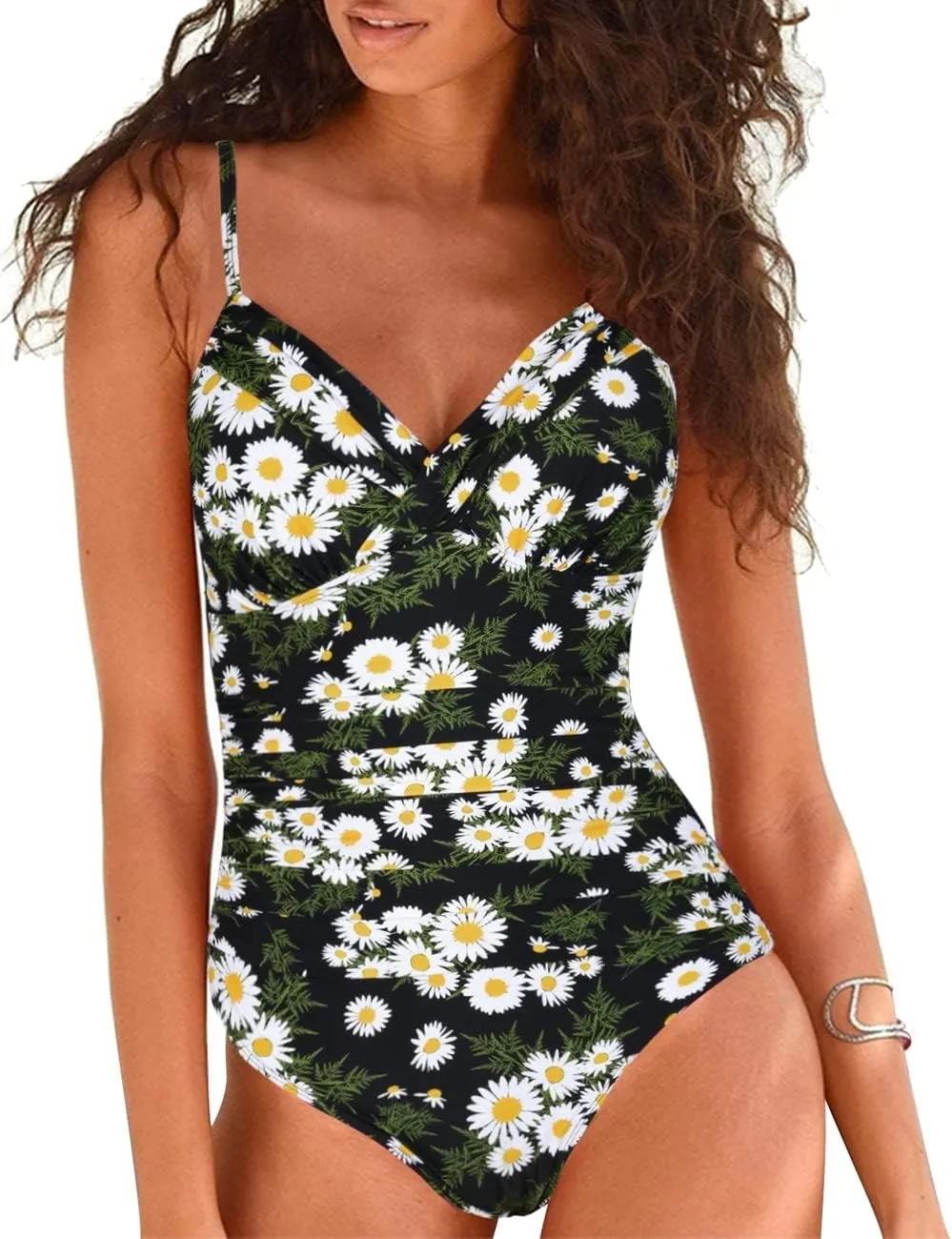 Hilor Women's One Piece Swimsuits Front Twist Swimwear V Neck Shirred Bathing Suit Monokini Tummy Control