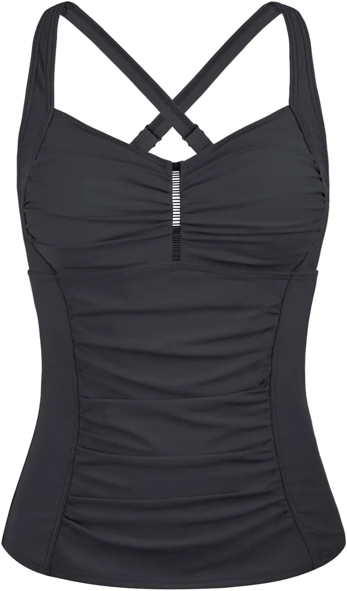 Hilor Women's Tankini Tops Shirred Tummy Control Swimsuits Cross Back Tankini Swimwear Tops