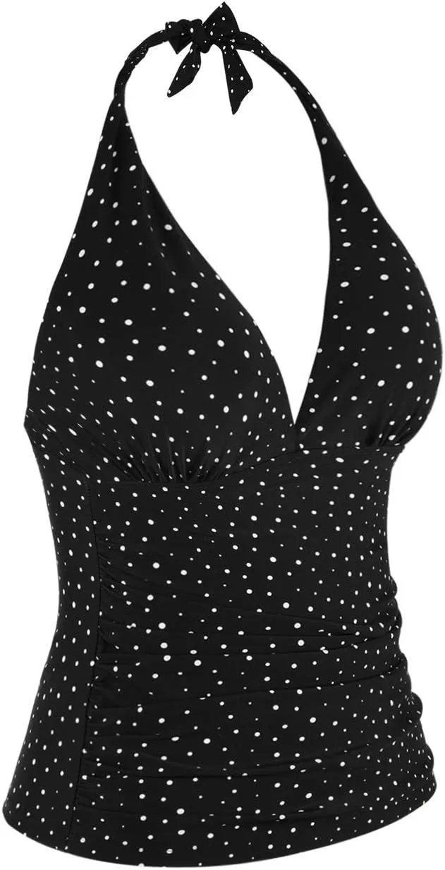 Hilor Women's Tummy Control Tankini Top Swimsuit Plunging V Neck Top Swimwear Halter Bathing Suits Swim Tops