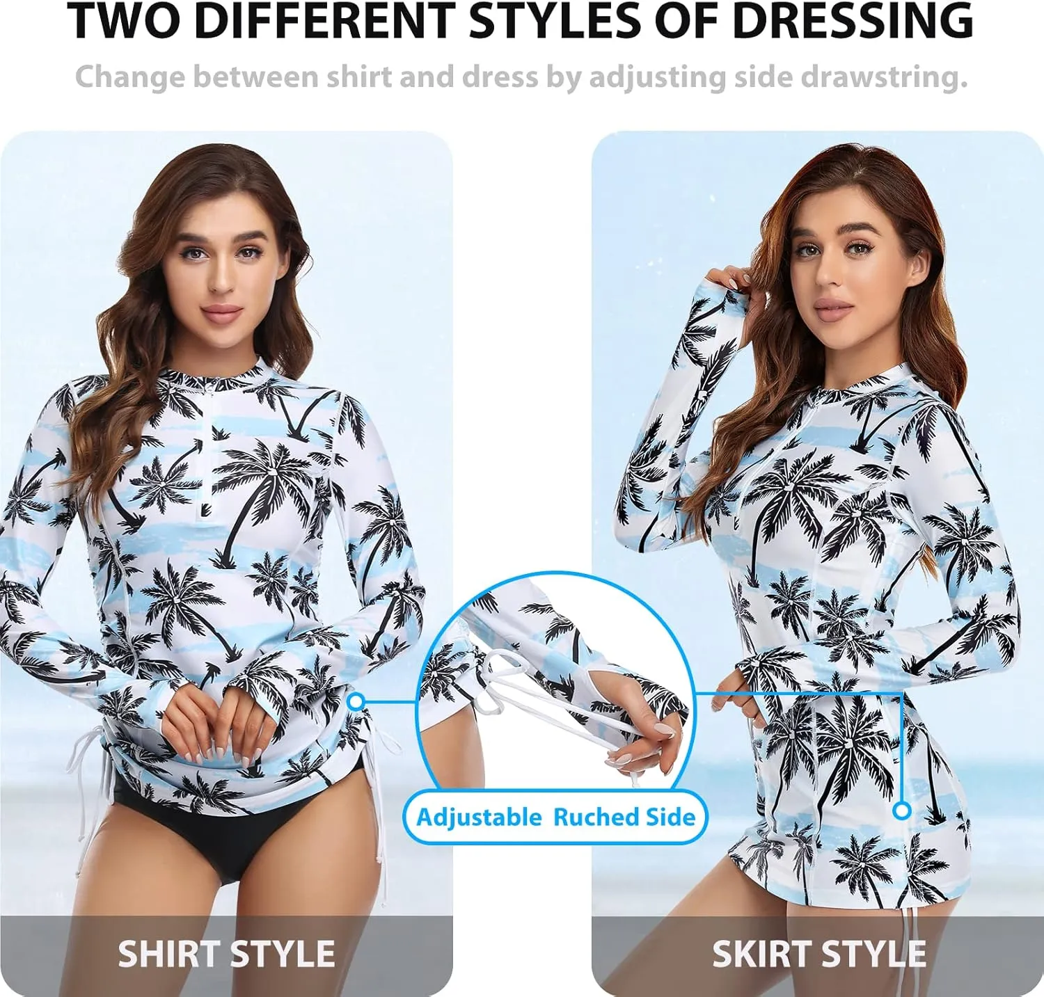 HISKYWIN Women's Long Sleeve UV Sun Protection Rash Guard Side Adjustable Wetsuit Swimsuit Top
