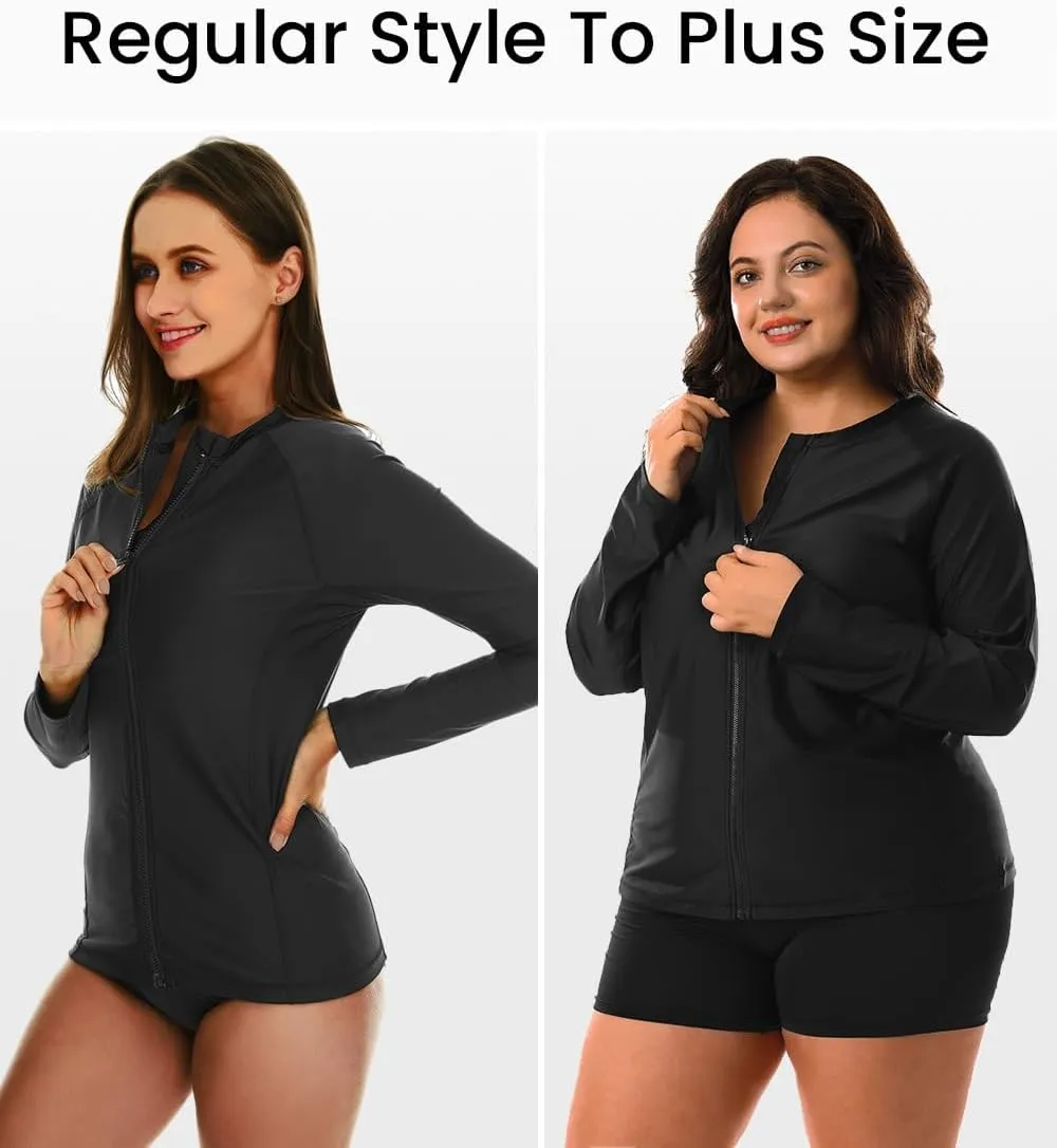 HODOSPORTS Women's Rashguard UPF 50  Swimsuit Zip Front Sun Protection Swim Shirt Long Sleeve S-5XL