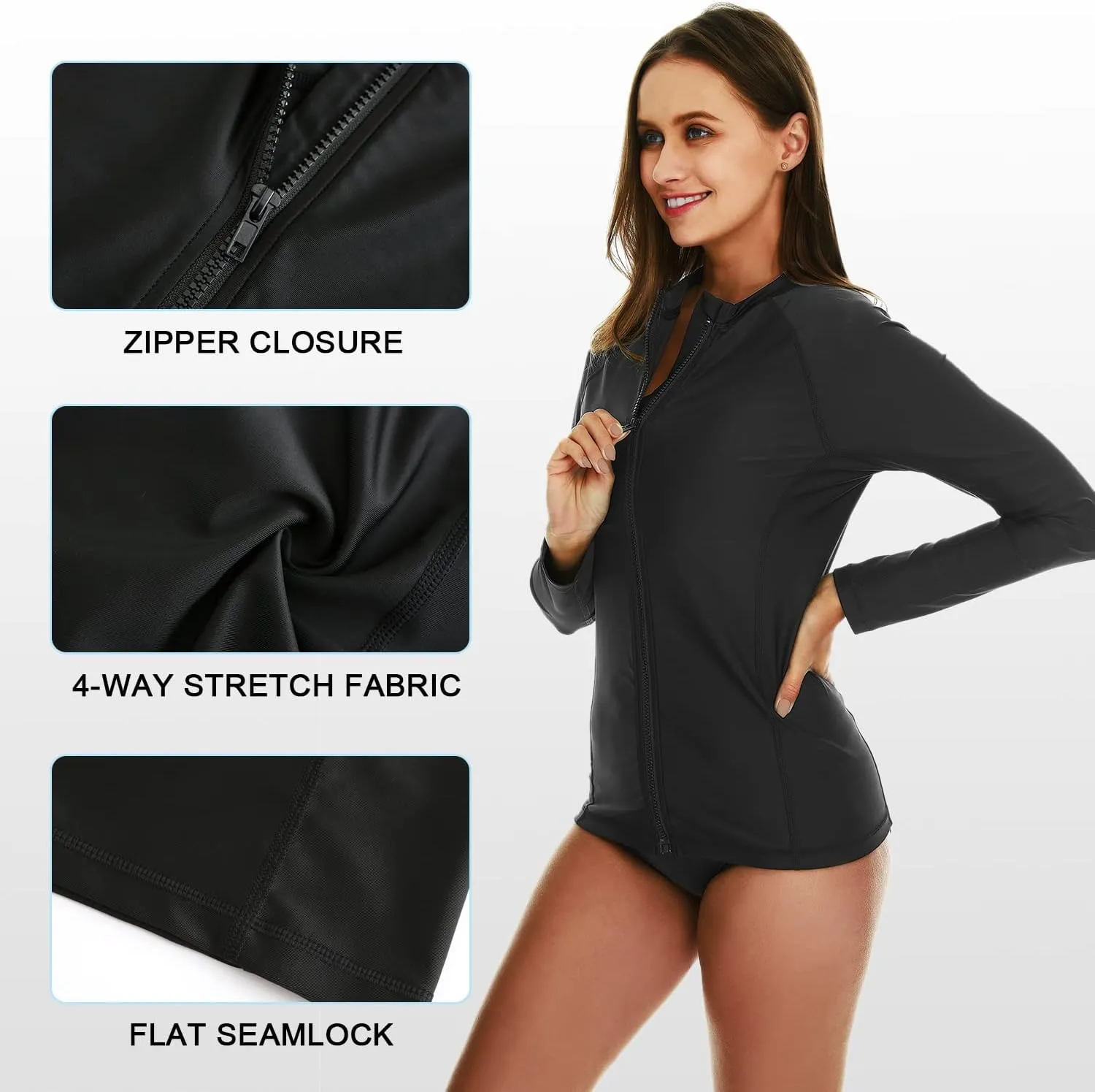 HODOSPORTS Women's Rashguard UPF 50  Swimsuit Zip Front Sun Protection Swim Shirt Long Sleeve S-5XL