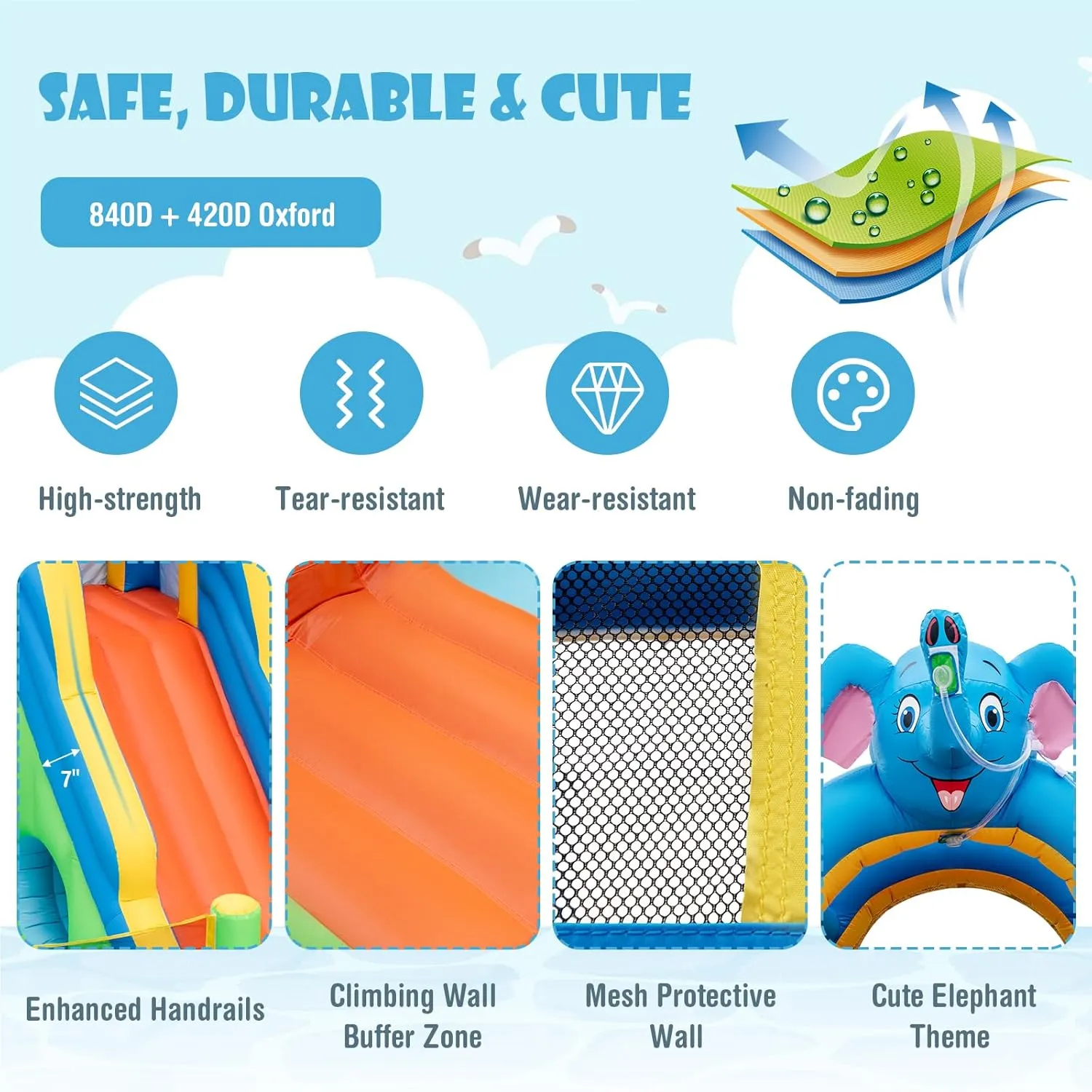 HONEY JOY Inflatable Water Slide, 9 in 1 Elephant Waterslide Water Park for Kids Backyard, Splash Pool, Tic Tac Toe, Climbing Wall, Water Slides Inflatables for Kids and Adults(Without Blower)