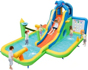 HONEY JOY Inflatable Water Slide, 9 in 1 Elephant Waterslide Water Park for Kids Backyard, Splash Pool, Tic Tac Toe, Climbing Wall, Water Slides Inflatables for Kids and Adults(Without Blower)