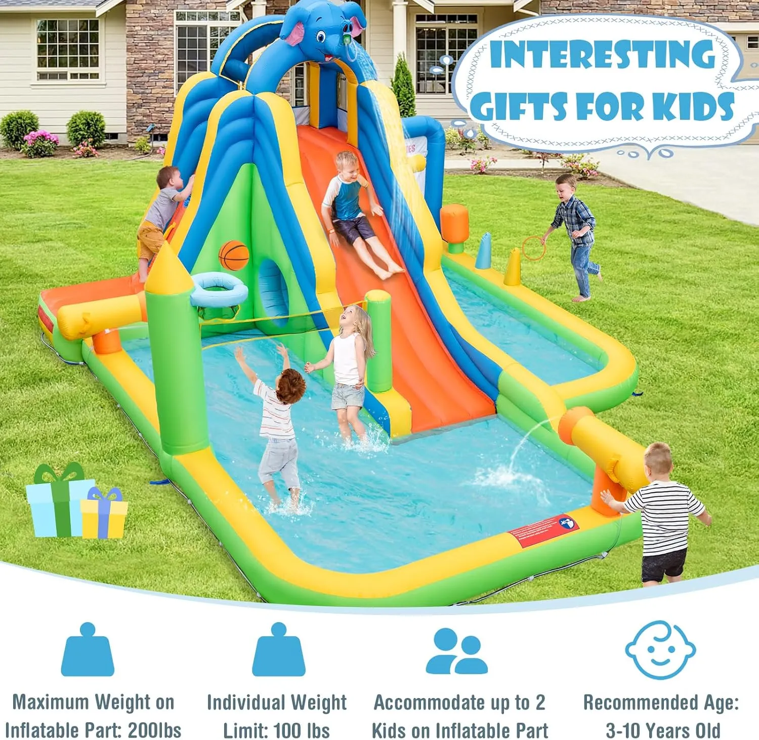 HONEY JOY Inflatable Water Slide, 9 in 1 Elephant Waterslide Water Park for Kids Backyard, Splash Pool, Tic Tac Toe, Climbing Wall, Water Slides Inflatables for Kids and Adults(Without Blower)