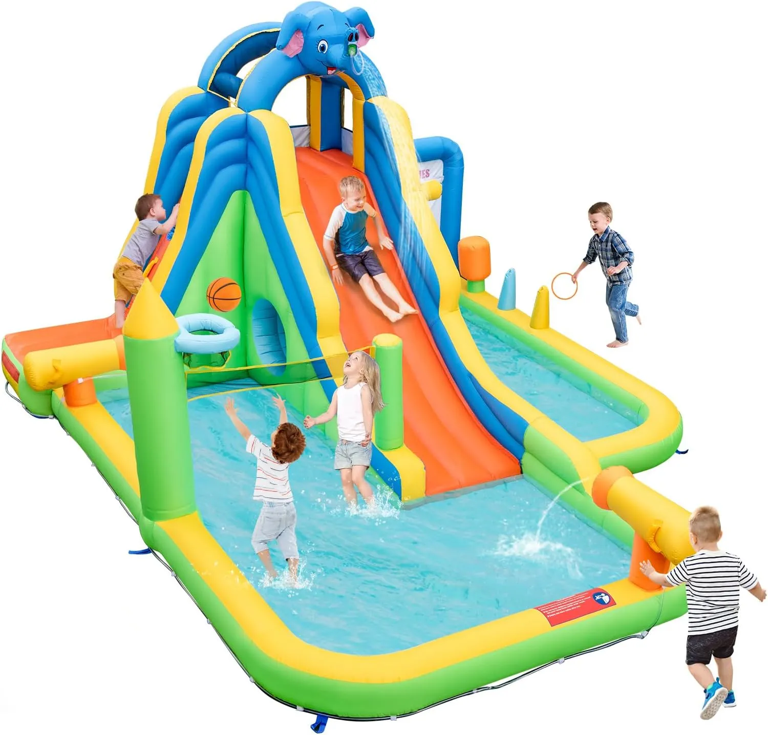 HONEY JOY Inflatable Water Slide, 9 in 1 Elephant Waterslide Water Park for Kids Backyard, Splash Pool, Tic Tac Toe, Climbing Wall, Water Slides Inflatables for Kids and Adults(Without Blower)