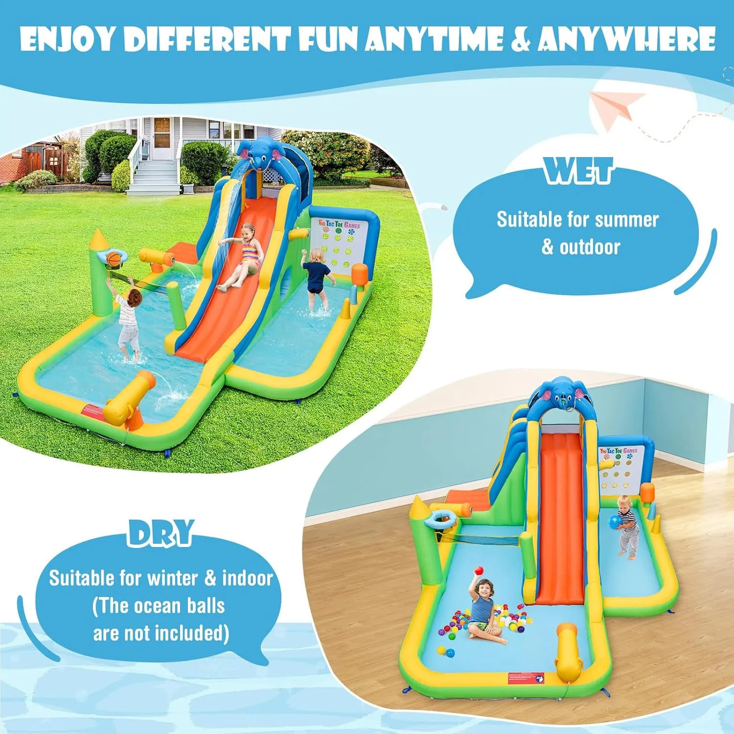 HONEY JOY Inflatable Water Slide, 9 in 1 Elephant Waterslide Water Park for Kids Backyard, Splash Pool, Tic Tac Toe, Climbing Wall, Water Slides Inflatables for Kids and Adults(Without Blower)