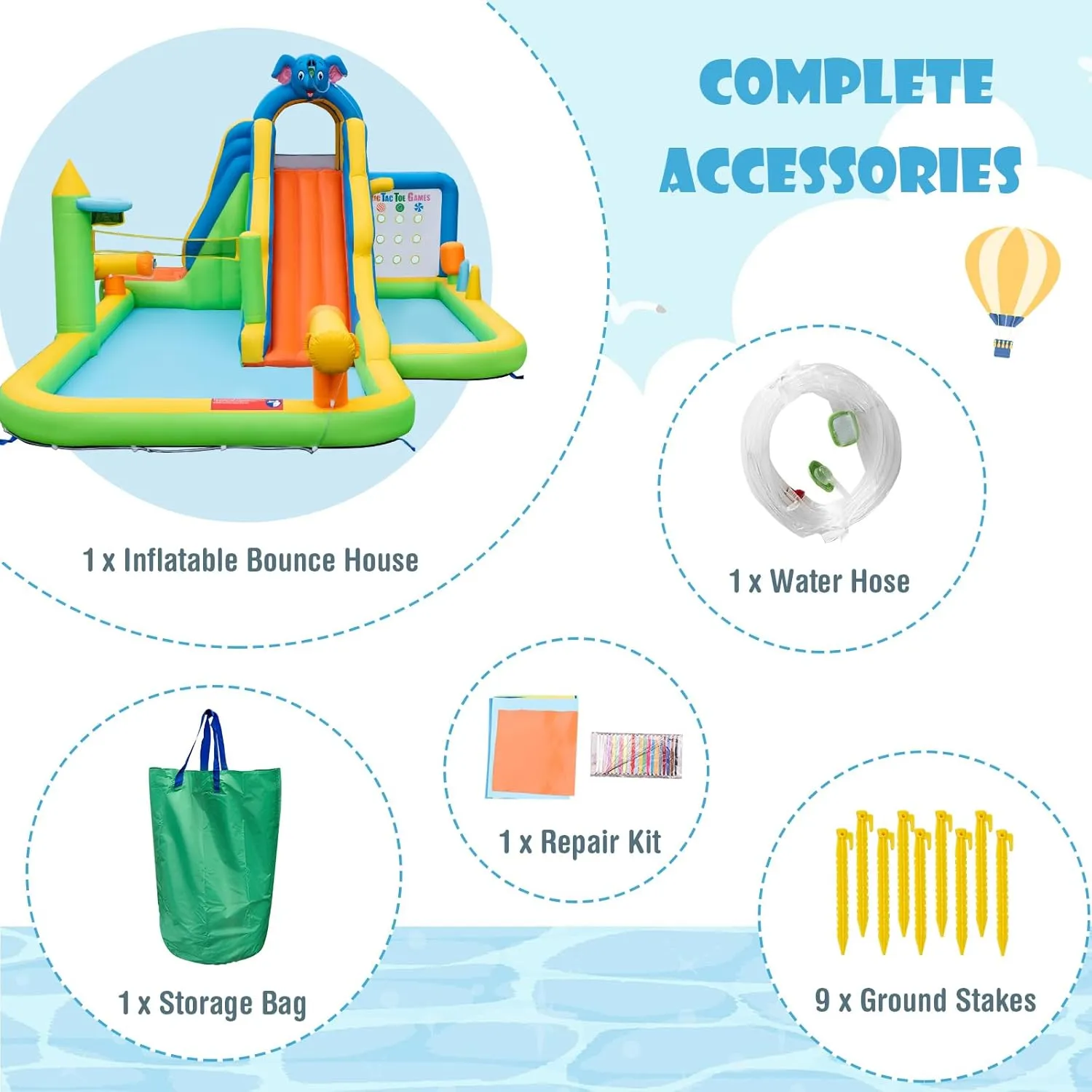 HONEY JOY Inflatable Water Slide, 9 in 1 Elephant Waterslide Water Park for Kids Backyard, Splash Pool, Tic Tac Toe, Climbing Wall, Water Slides Inflatables for Kids and Adults(Without Blower)