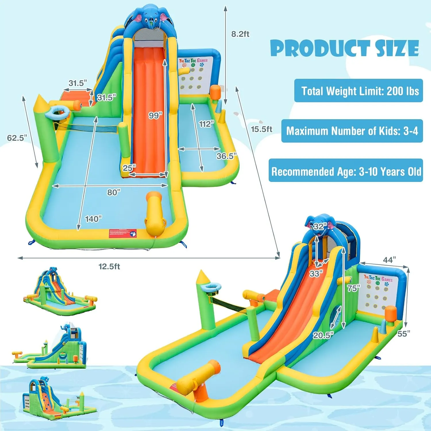 HONEY JOY Inflatable Water Slide, 9 in 1 Elephant Waterslide Water Park for Kids Backyard, Splash Pool, Tic Tac Toe, Climbing Wall, Water Slides Inflatables for Kids and Adults(Without Blower)