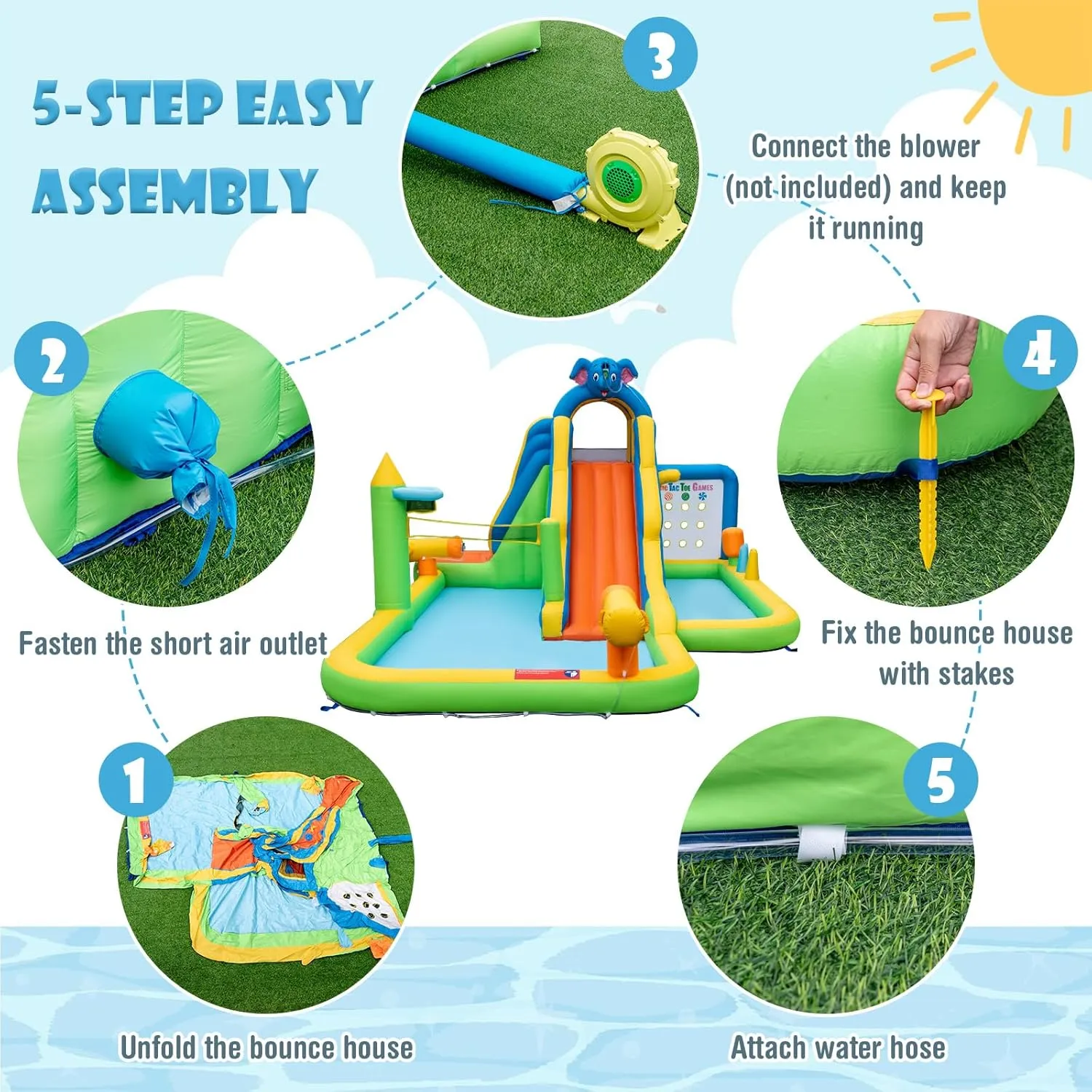 HONEY JOY Inflatable Water Slide, 9 in 1 Elephant Waterslide Water Park for Kids Backyard, Splash Pool, Tic Tac Toe, Climbing Wall, Water Slides Inflatables for Kids and Adults(Without Blower)