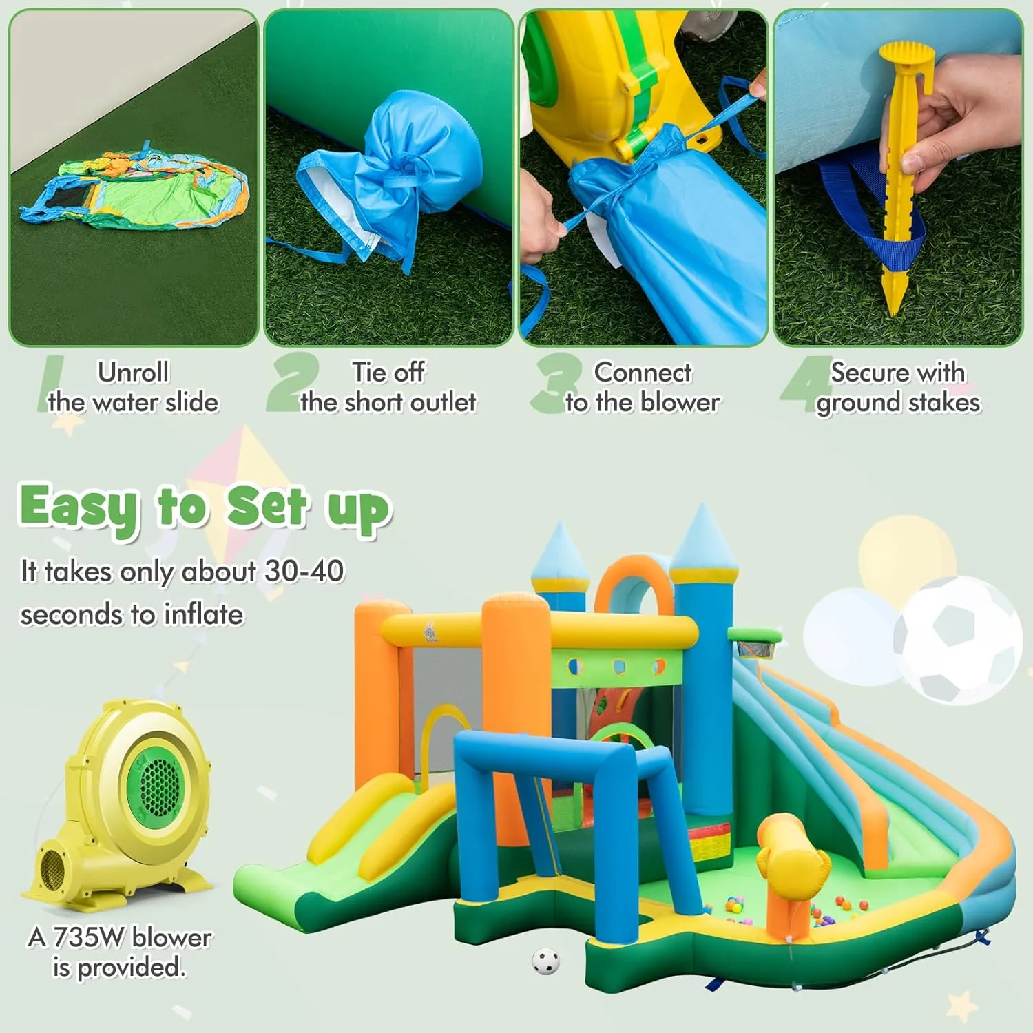 HONEY JOY Inflatable Water Slide, 9 in 1 Giant Water Bounce House Park w/Dual Slides, Soccer Gate, Deep Splash Pool, Indoor Outdoor Waterslides Inflatable for Kids Backyard (with 735w Blower)