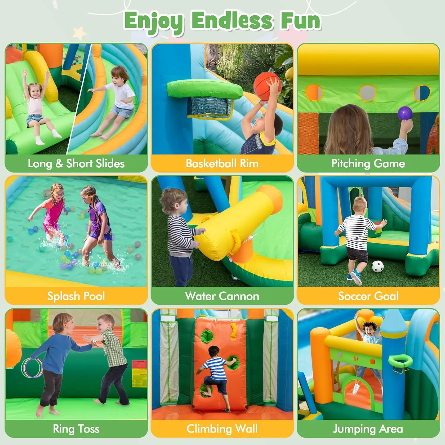 HONEY JOY Inflatable Water Slide, 9 in 1 Giant Water Bounce House Park w/Dual Slides, Soccer Gate, Deep Splash Pool, Indoor Outdoor Waterslides Inflatable for Kids Backyard (with 735w Blower)