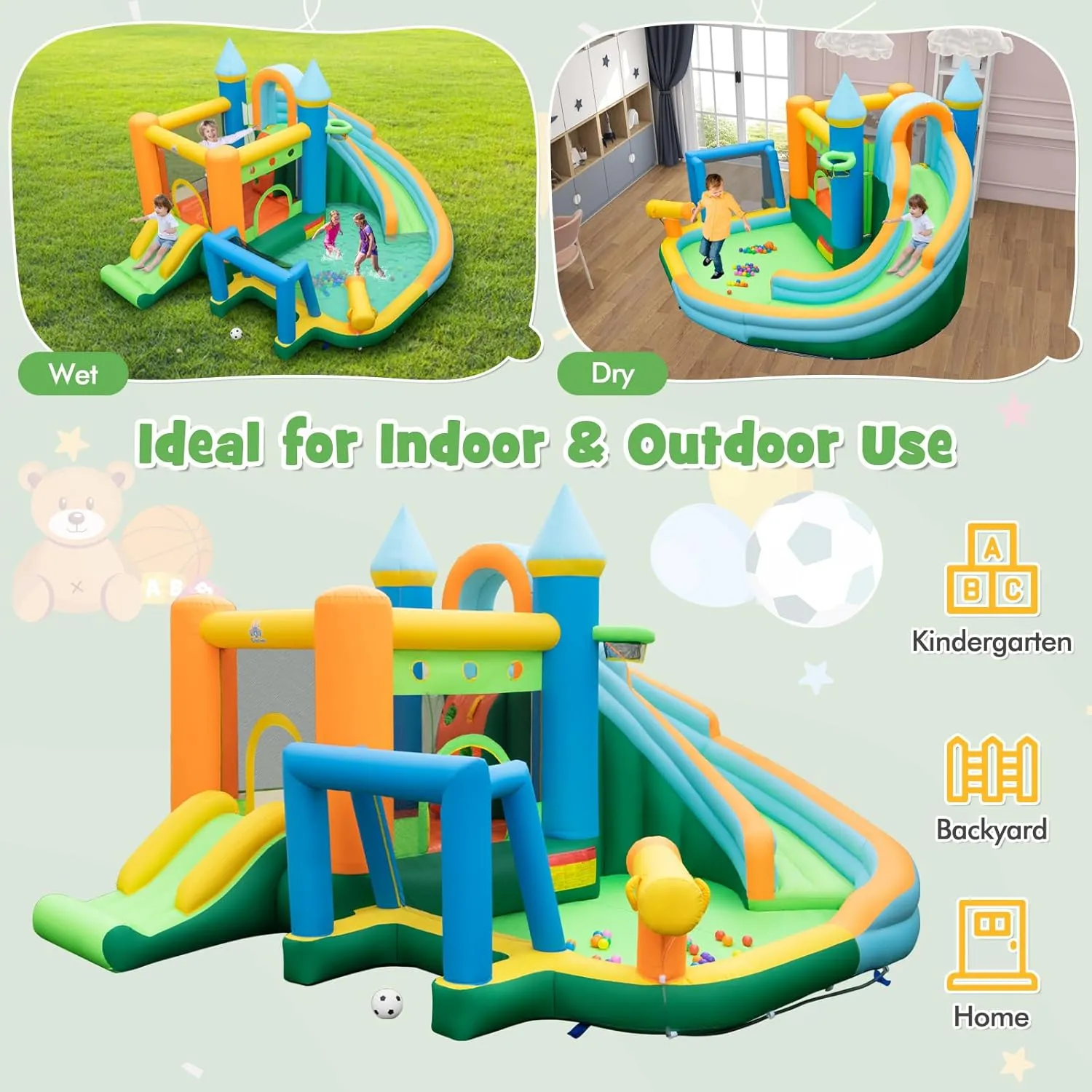 HONEY JOY Inflatable Water Slide, 9 in 1 Giant Water Bounce House Park w/Dual Slides, Soccer Gate, Deep Splash Pool, Indoor Outdoor Waterslides Inflatable for Kids Backyard (with 735w Blower)
