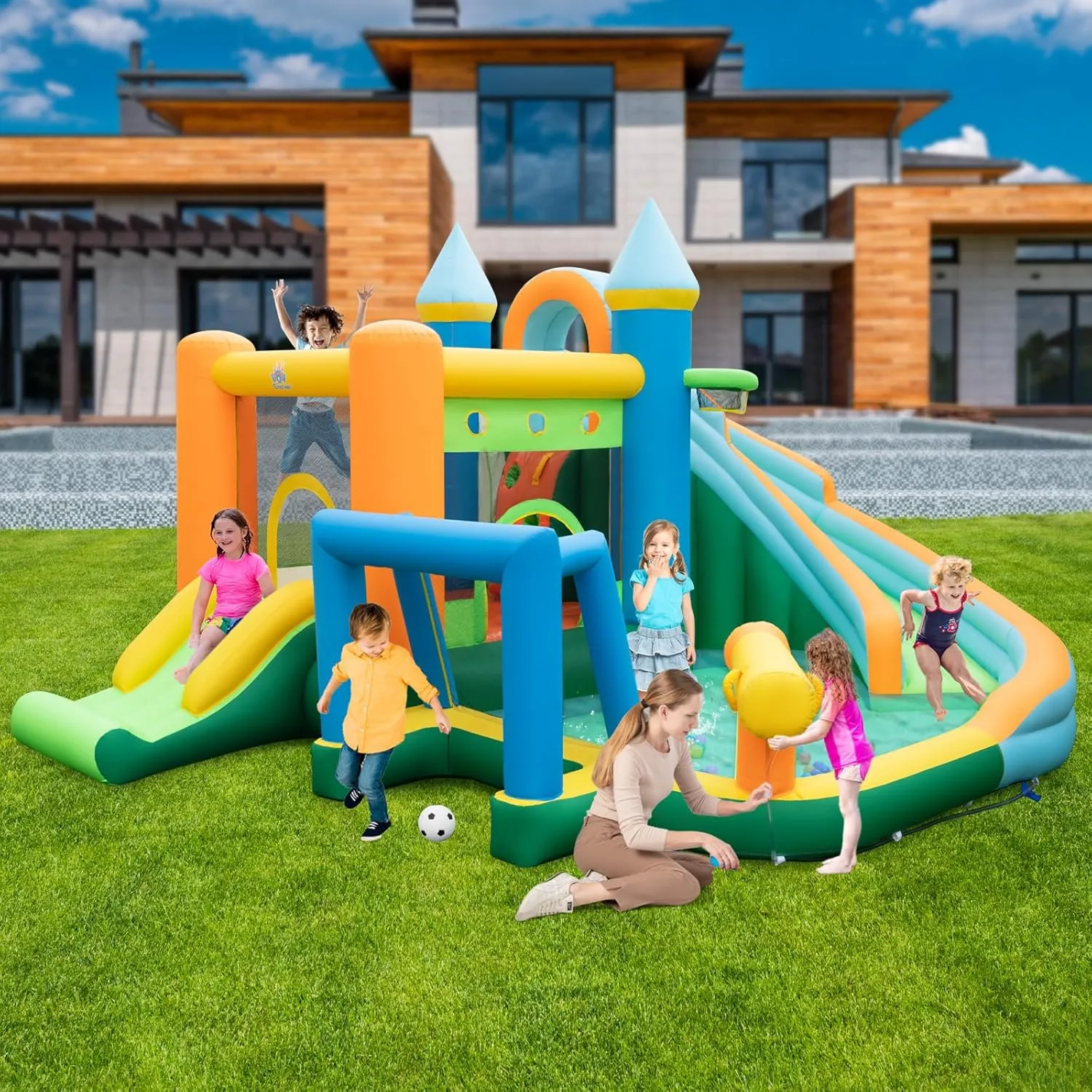 HONEY JOY Inflatable Water Slide, 9 in 1 Giant Water Bounce House Park w/Dual Slides, Soccer Gate, Deep Splash Pool, Indoor Outdoor Waterslides Inflatable for Kids Backyard (with 735w Blower)