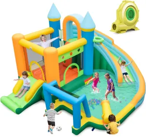 HONEY JOY Inflatable Water Slide, 9 in 1 Giant Water Bounce House Park w/Dual Slides, Soccer Gate, Deep Splash Pool, Indoor Outdoor Waterslides Inflatable for Kids Backyard (with 735w Blower)