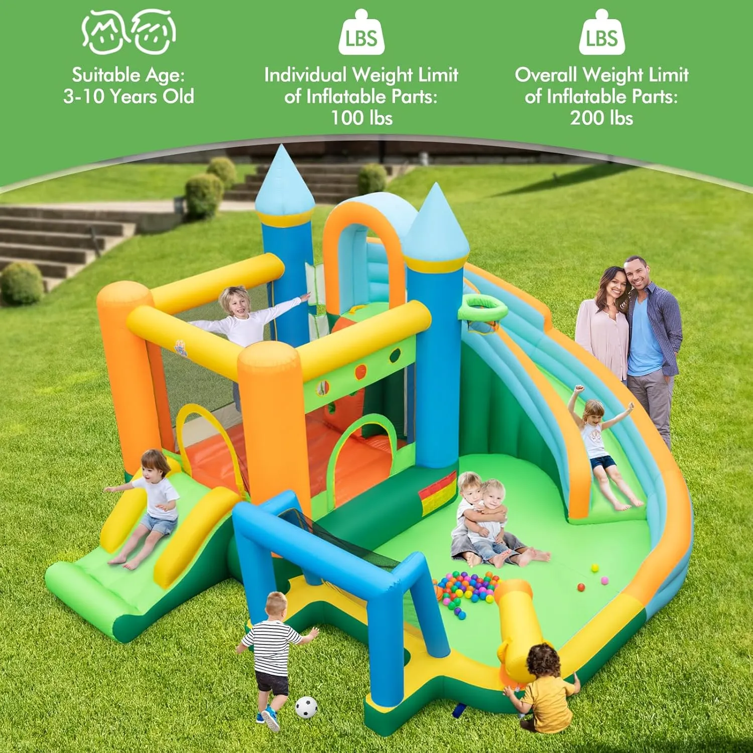 HONEY JOY Inflatable Water Slide, 9 in 1 Giant Water Bounce House Park w/Dual Slides, Soccer Gate, Deep Splash Pool, Indoor Outdoor Waterslides Inflatable for Kids Backyard (with 735w Blower)