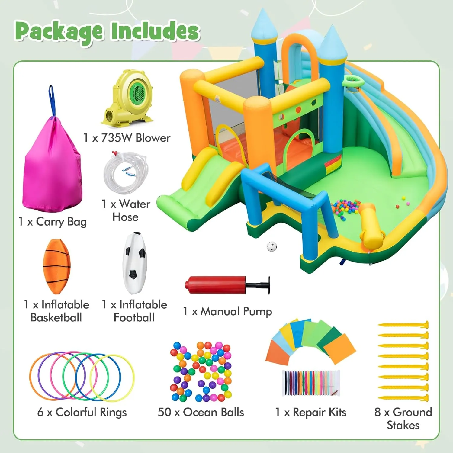 HONEY JOY Inflatable Water Slide, 9 in 1 Giant Water Bounce House Park w/Dual Slides, Soccer Gate, Deep Splash Pool, Indoor Outdoor Waterslides Inflatable for Kids Backyard (with 735w Blower)